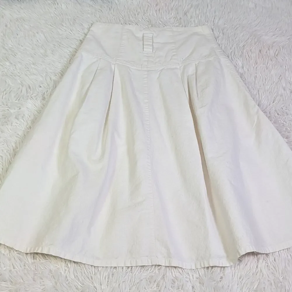 Vintage 90s White Cotton High Waist Pleated Midi Skirt Corset Yoke Waist 9/10